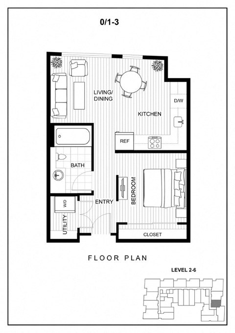 Floor plan for 1 bed, 1 bath, 495 sqft